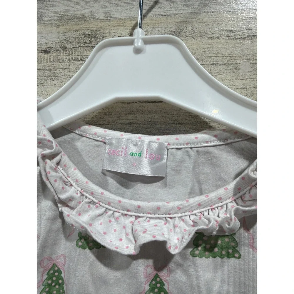 Cecil and Lou Pajama Set Girls 6 White Christmas Tree Ruffle Holiday GUC*